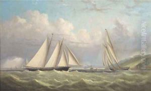 Racing schooners rounding the turning mark in Osborne Bay with Norris Castle above and Ryde beyond