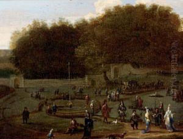Elegant Company Promenading In A Walled Park - view 1