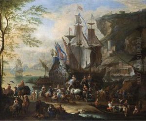 A Mediterranean Harbour Scene
With Figures Unloading Merchantmen, Together With Horsemen, An Elephant,
Dromedaries And A Ferry In The Foreground, A View Of A Town In The
Background by Jean Baptist Van Der Meiren