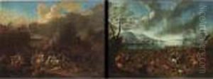 A Cavalry Battle Between Turkish And Other Troops, A Burning Village Beyond by Jean Baptist Van Der Meiren