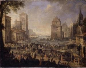 Harbor Scene With Merchants And Elegant Figures At A Market by Jean Baptist Van Der Meiren