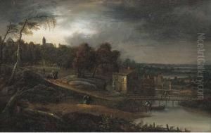 A River Landscape With Travellers Near A Town A River Landscape With Travellers Near A Town
