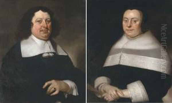Portrait Of A Gentleman,
Half-length, In A Back Coat; And Portrait Of A Lady, Half-length, In A
Black Dress Holding A Fan - view 1