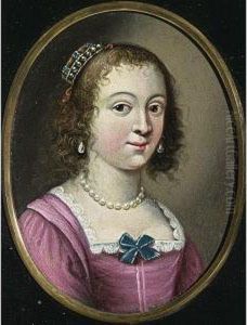 A Portrait Of A Lady, Bust Length, Wearing A Pink Dress With Pearl Jewellery And Bonnet
