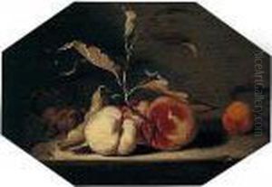 A Still Life Of Peaches, Plums And One Apricot Arranged Upon A Stone Ledge by Jacob Fransz van der Merck