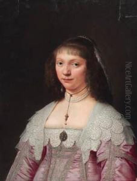 Portrait Of A Lady, Bust-length,
In A Crimson Silk Embroidereddress With Lace Trimmings And A Pearl
Necklace - view 1