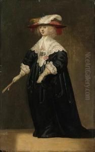 Portrait Of A Lady, Small 
Full-length, In A Black Dress And Afeathered Hat, Holding A Fan