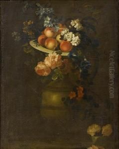 A Dish Of Peaches On A Stone Urn With Roses, Convolvulus, Narcissi And Other Flowers by Heroman Van Der Mijn