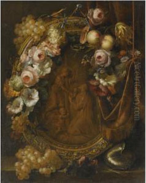 Still Life With A Garland Of
Fruit And Flowers Adorning A Bronzerelief Of The Agony In The Garden - view 1