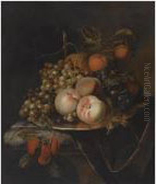 A Still Life Of Blue And White 
Grapes, Peaches, Plums, A Pear And Apomegranate, All On A Pewter 
Platter, On A Marble Drapedledge - view 1