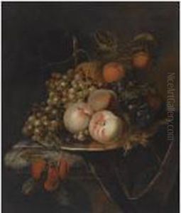 A Still Life Of Blue And White 
Grapes, Peaches, Plums, A Pear And Apomegranate, All On A Pewter 
Platter, On A Marble Drapedledge