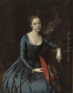 Portrait Of A Lady, Seated,
Three-quarter-length, In A Blue Satin Riding Habit, Holding A Straw
Bonnet With Red Silk Trim In Her Right Hand, With A Riding Crop In Her
Lap, In A Landscape by Heroman Van Der Mijn