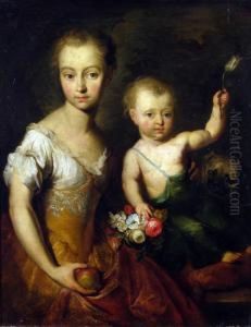 Noble Children And Pug, She Sits
 Holding An Apple And Bunch Of Flowers, The Boy With White Tulip