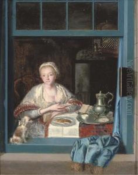 A Lady Sitting At A Table With A Dog - view 1