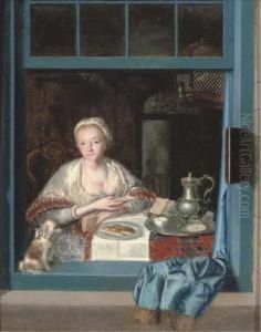 A Lady Sitting At A Table With A Dog A Lady Sitting At A Table With A Dog