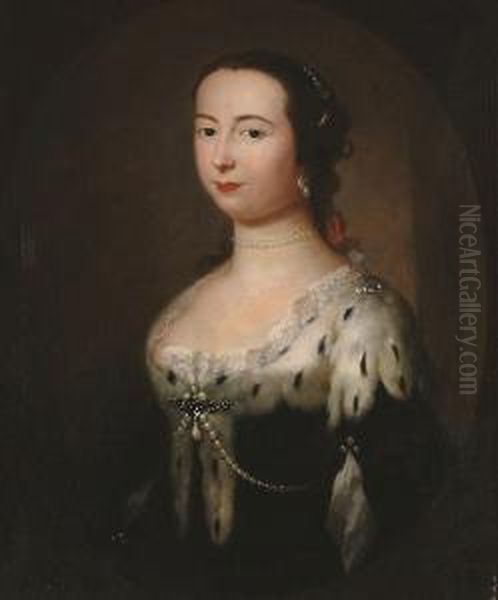 Portrait Of An Elegant Lady, 
Bust-length, Wearing An Ermine Fur Fastened With A Pearl Brooch, In A 
Painted Oval. - view 1