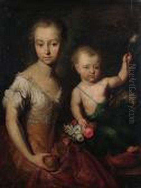 A Double Portrait Of A Girl And A
 Boy Seated With A Pug, The Girl Wearing A Yellow Dress, Holding An 
Apple, The Boy Holding A Tulip - view 1