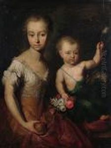A Double Portrait Of A Girl And A
 Boy Seated With A Pug, The Girl Wearing A Yellow Dress, Holding An 
Apple, The Boy Holding A Tulip