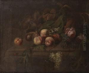 Peaches, Figs, Grapes, Vine Leaves And Roses On A Ledge