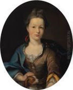 Portrait Of A Lady, Half-length,
In A Gold Silk Dress And Bluecloak, With A Spaniel On Her Lap by Heroman Van Der Mijn