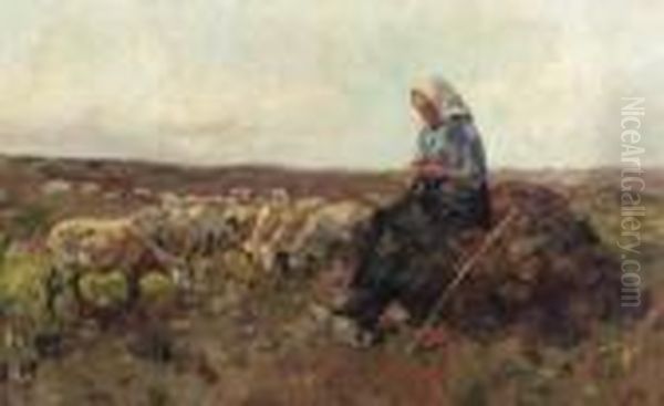 A Shepherdess And Flock In A Heath Landscape - view 1