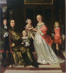 A Family Portrait Of A Gentleman And His Wife With Their Four Children In An Interior