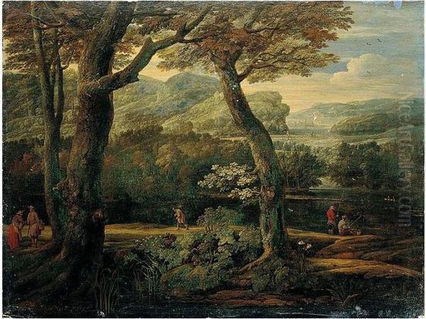 A Wooded River Landscape With Two Men Fishing, A Traveller, And Two Figures Conversing - view 1