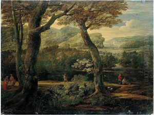 A Wooded River Landscape With Two Men Fishing, A Traveller, And Two Figures Conversing by Eglon Hendrick Van Der Neer