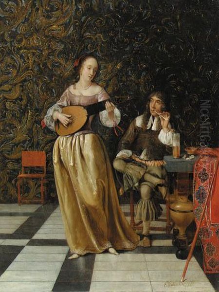 A Lady Playing A Lute With A Gentleman Seated At A Table In Aninterior - view 1