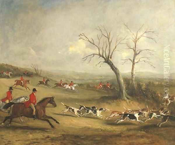 Full Cry Captain White hunting with the Quorn, with Hoby Church and Brooksby Hall in the distance - view 1