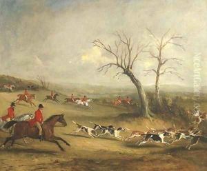 Full Cry Captain White hunting with the Quorn, with Hoby Church and Brooksby Hall in the distance