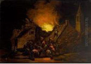 A Town House On Fire With Villagers Trying To Rescue