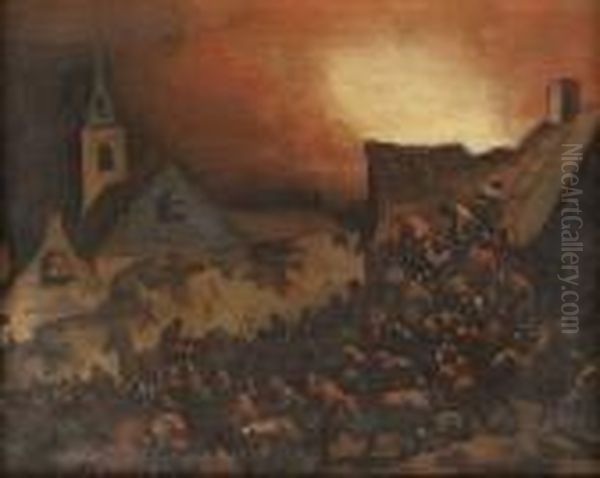 A Fire In A Hamlet At Night - view 1