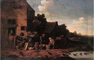 Paysans Pres D'une Chaumiere by Adriaen Lievensz van der Poel