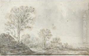 Landscape With Cottages By Tall Trees Towards The Left, Figures To The Right