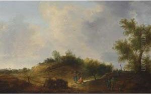 A Dune Landscape With Travellers Resting Near A Farmhouse by Cornelis Symonsz. Van Der Schalcke