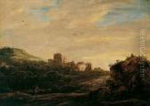 Dunenlandschaft Mit Fernem Torbogen Und Turm. Links Vorn Ein Mann Mit Ruckenlast.