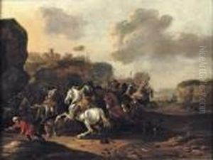 A Cavalry Skirmish In A Rocky Italianate Landscape by Jan Jacobsz. Van Der Stoffe