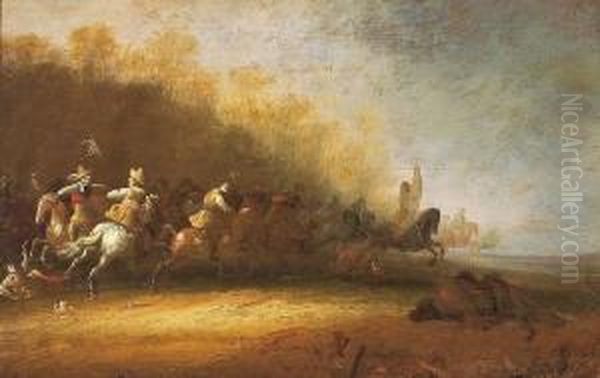 Attributed: A Battle Scene With Horses And Riders. Signed J - view 1