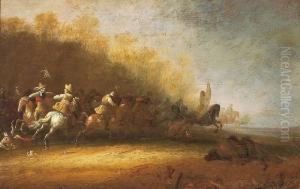 Attributed: A Battle Scene With Horses And Riders. Signed J by Jan Jacobsz. Van Der Stoffe