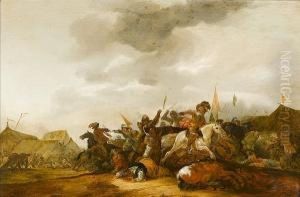 A Calvary Skirmish Before A Military Encampment by Jan Jacobsz. Van Der Stoffe