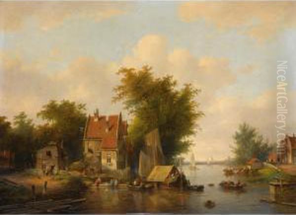 A River Landscape With Many Figures By A Village - view 1