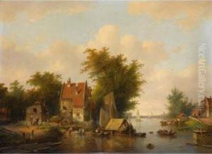 A River Landscape With Many Figures By A Village