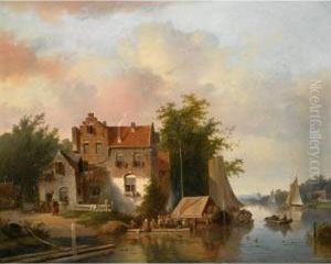 Many Figures Near A Village In A River Landscape
