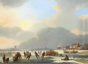 A Winter Landscape With Figures Near A 'koek En Zopie'
