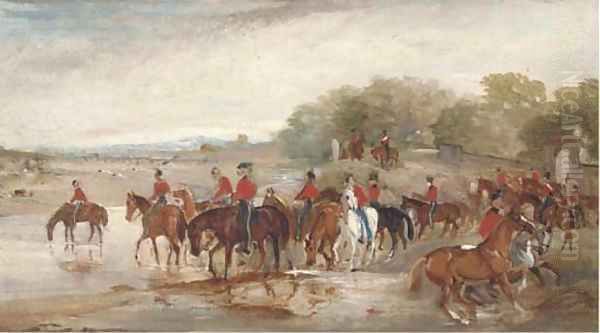 Officers watering their horses at a river - view 1