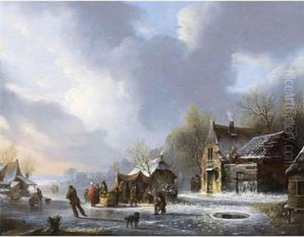 Skaters On A Frozen River Near A 'koek En Zopie' - view 1