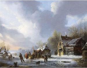 Skaters On A Frozen River Near A 'koek En Zopie' by Jacobus Van Der Stok