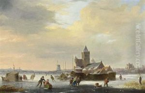A Winter Landscape With Skaters On A Frozen River