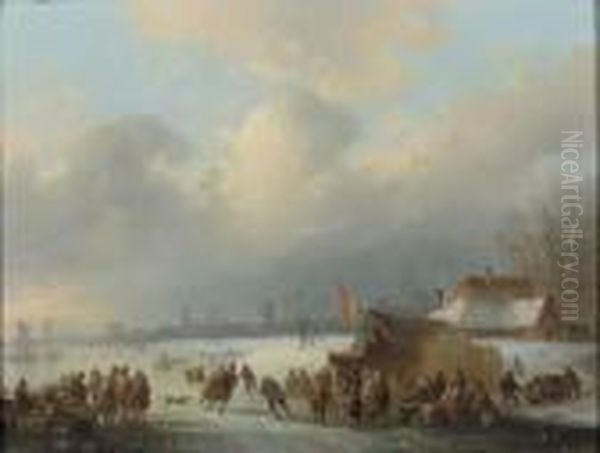 A Frozen Waterway With Skaters And Townsfolk Gathered Around A Koeken Zopie - view 1